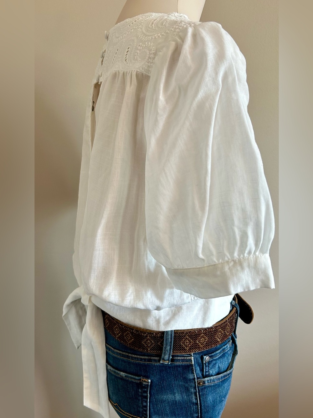 Monk & Lou Embroidered Rayon/Cotton Short-Sleeved Blouse w. Tie